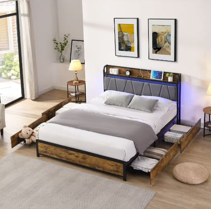 Full Size Bed Frame, Storage Headboard With Charging Station And 4 Storage Drawers,LED Lights